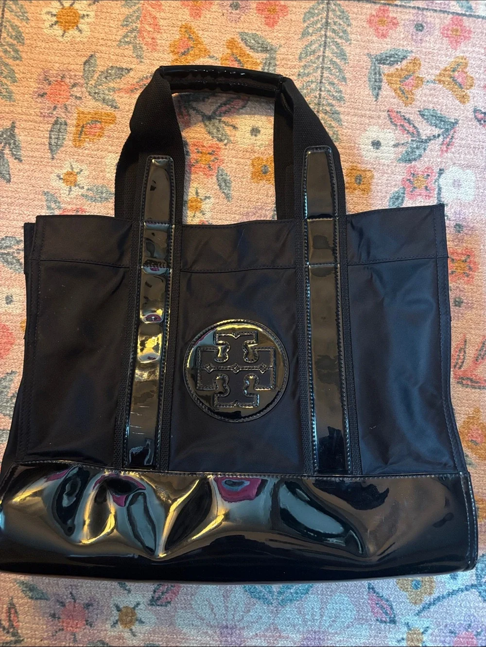 Tory Burch Black Tote with Patent Trim and Logo Medallion